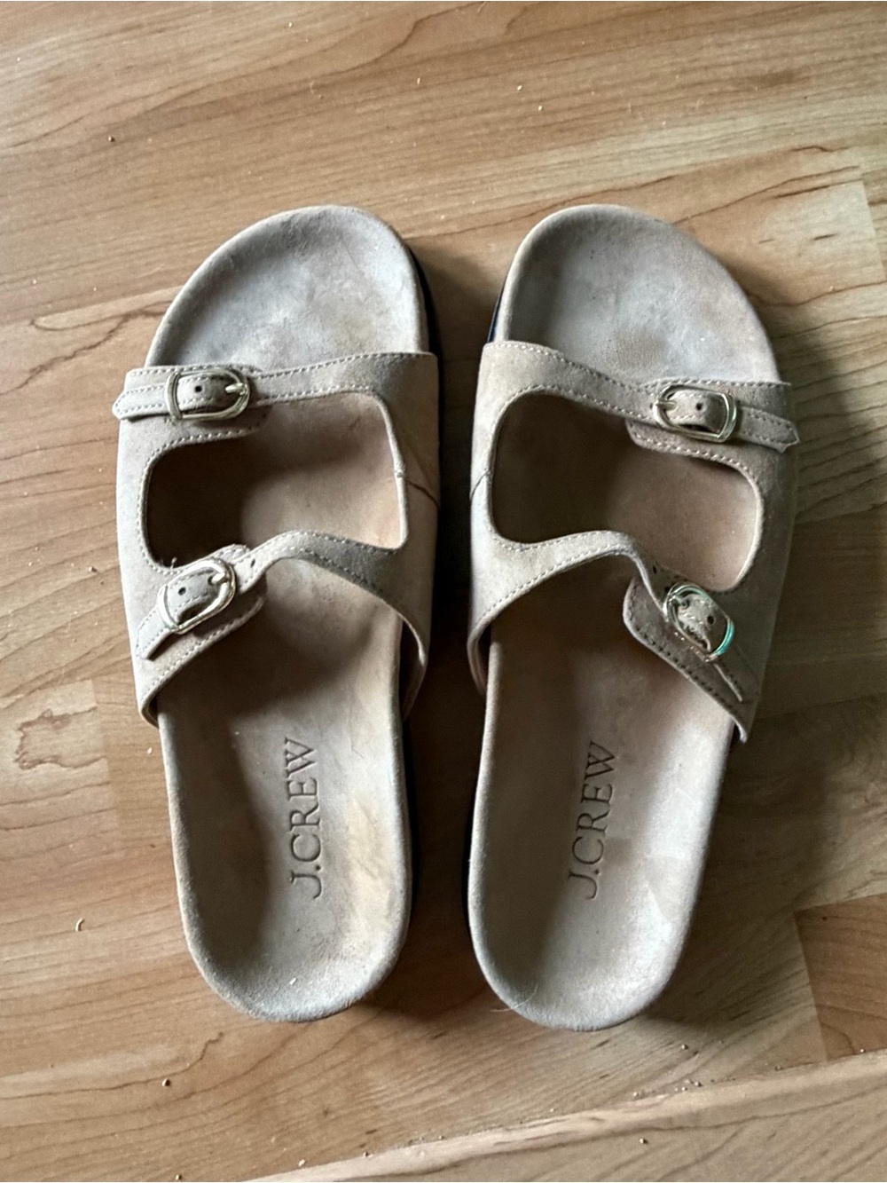 J. Crew Women’s Suede Double-Buckle Slide Sandals — Taupe Suede, size 7.5
